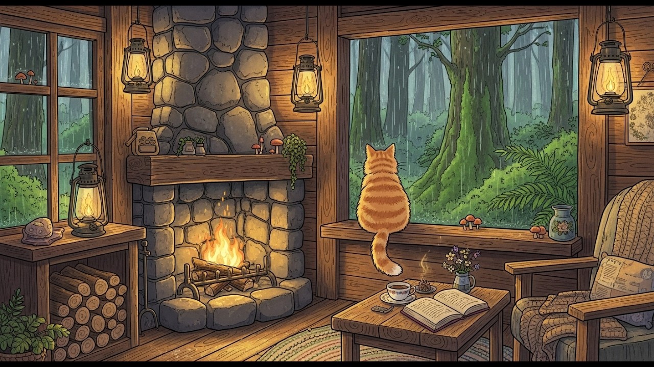 Peaceful Rainy Night with Fireplace & Cat 🐾🔥 | Relaxing Lofi Beats for Reading & Sleep