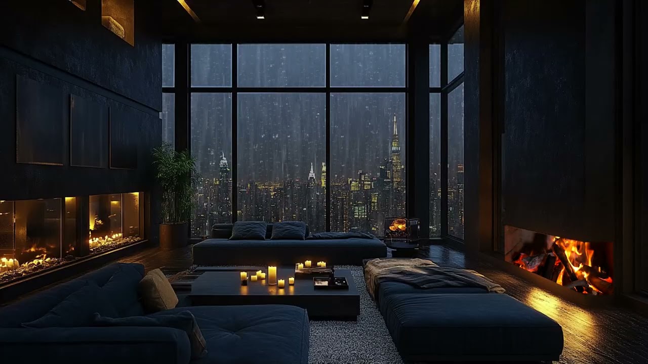 Rainy Night in a Warm City Apartment with Fireplace for Sleep Focus and Relax
