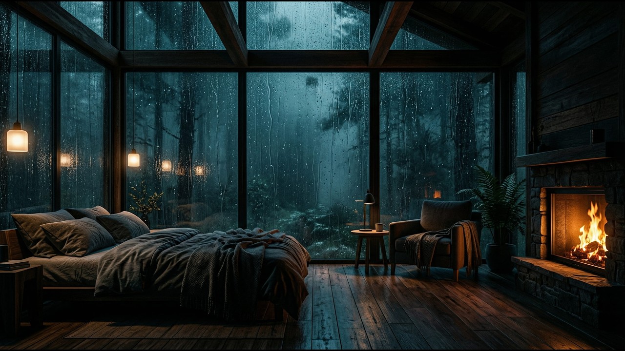 Rainy Night in a Cozy Glass Cabin 🌧️ Fireplace Ambience & Relaxing Music for Deep Sleep