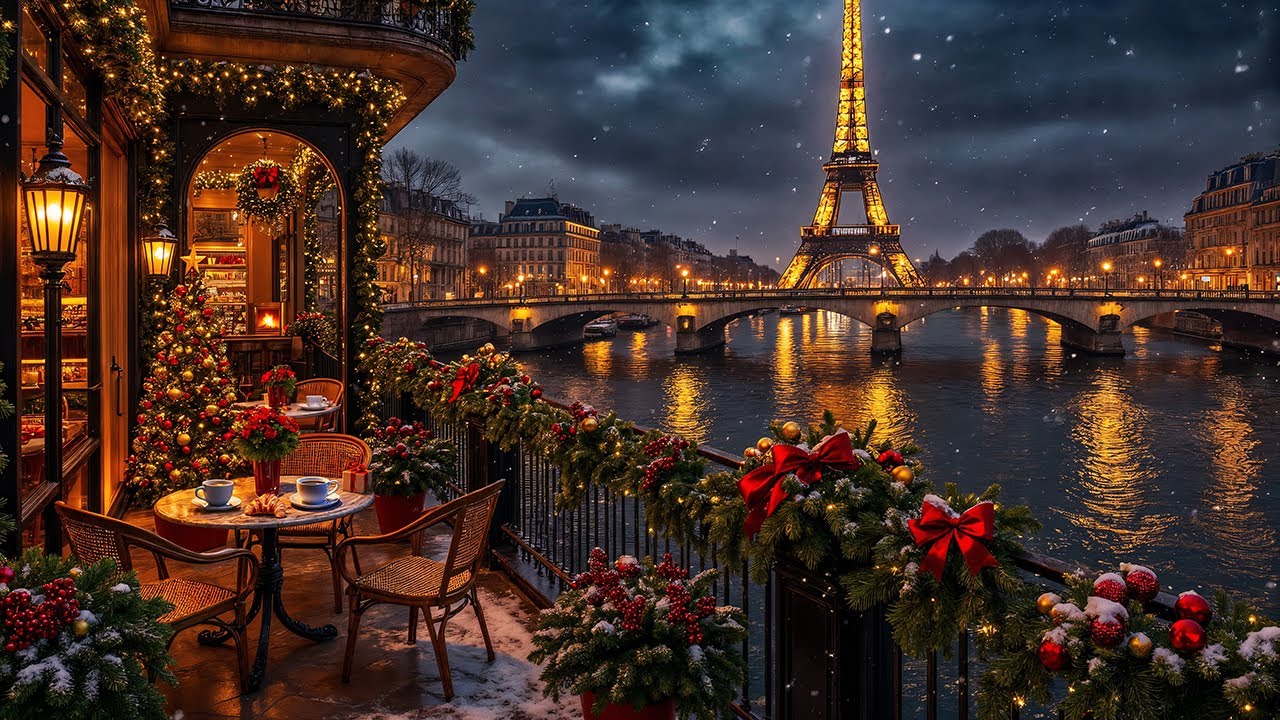 Paris Christmas Night Jazz ☕ Winter Balcony Café Shop Ambience & Relaxing Jazz for Study, Focus