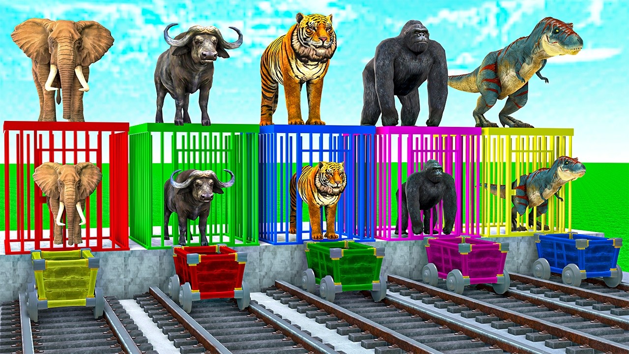 Long Slide Game With Gorilla Elephant Cow Hippopotamus Tiger - 3D Animal Game - Funny 3D Animals
