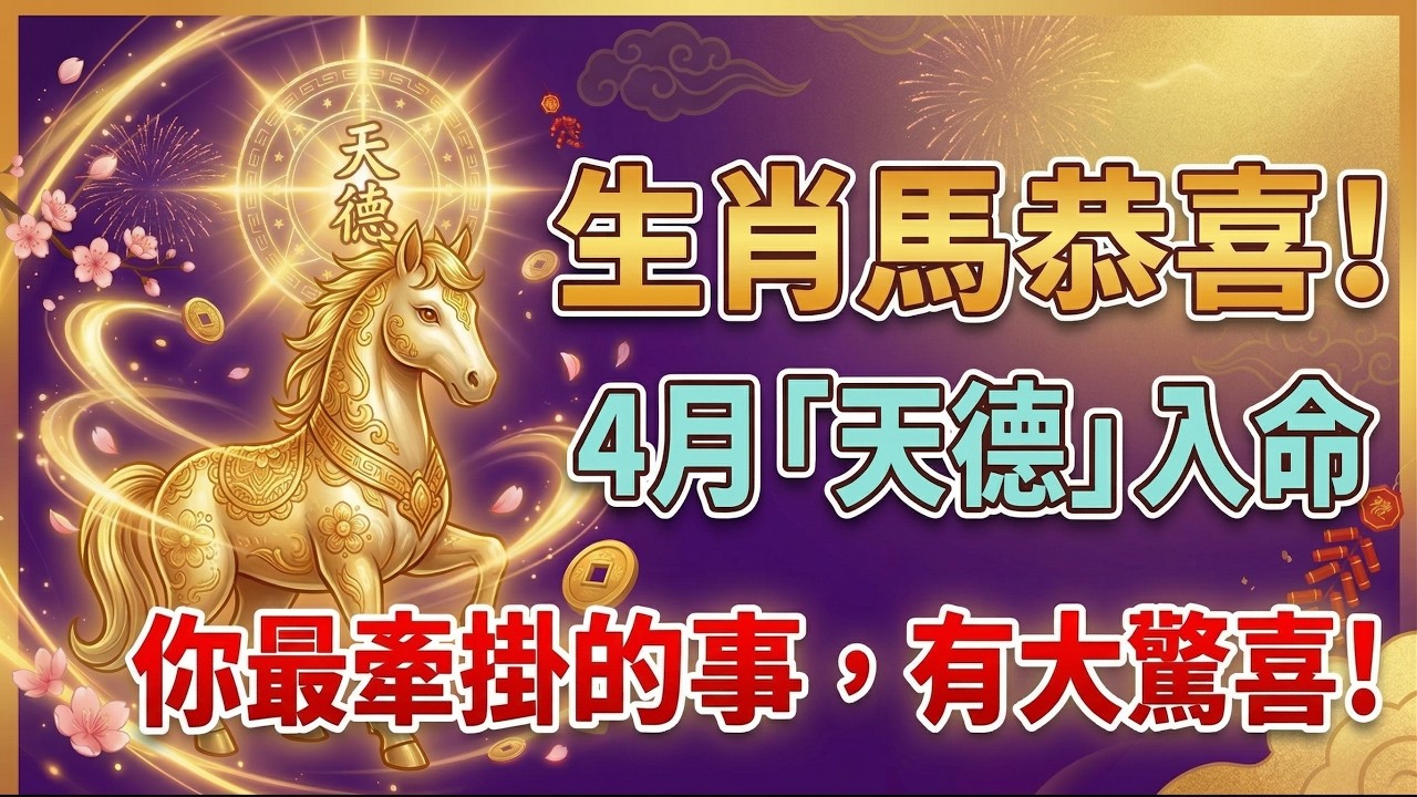 【生肖馬大驚喜】：4月一到，「 天德」入命，你最牽掛的事情將迎來驚人反轉，轉機就在眼前！#生肖馬2026運勢 #2026屬馬運勢 #轉運 #財運 #事業運 #屬馬八字 #貴人運 #生肖馬 #屬馬
