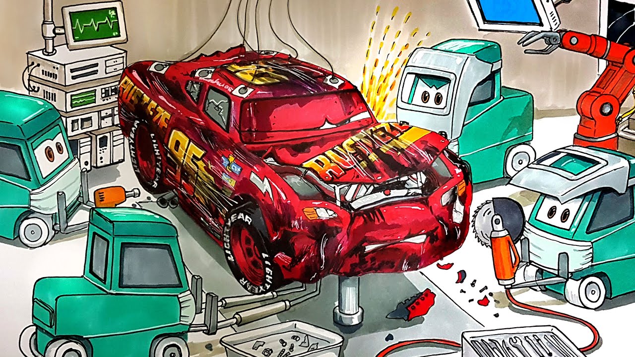 Draw CARS 3 Behind The Scene . LIGHTNING McQUEEN in Emergency Surgery . Drawing and Coloring