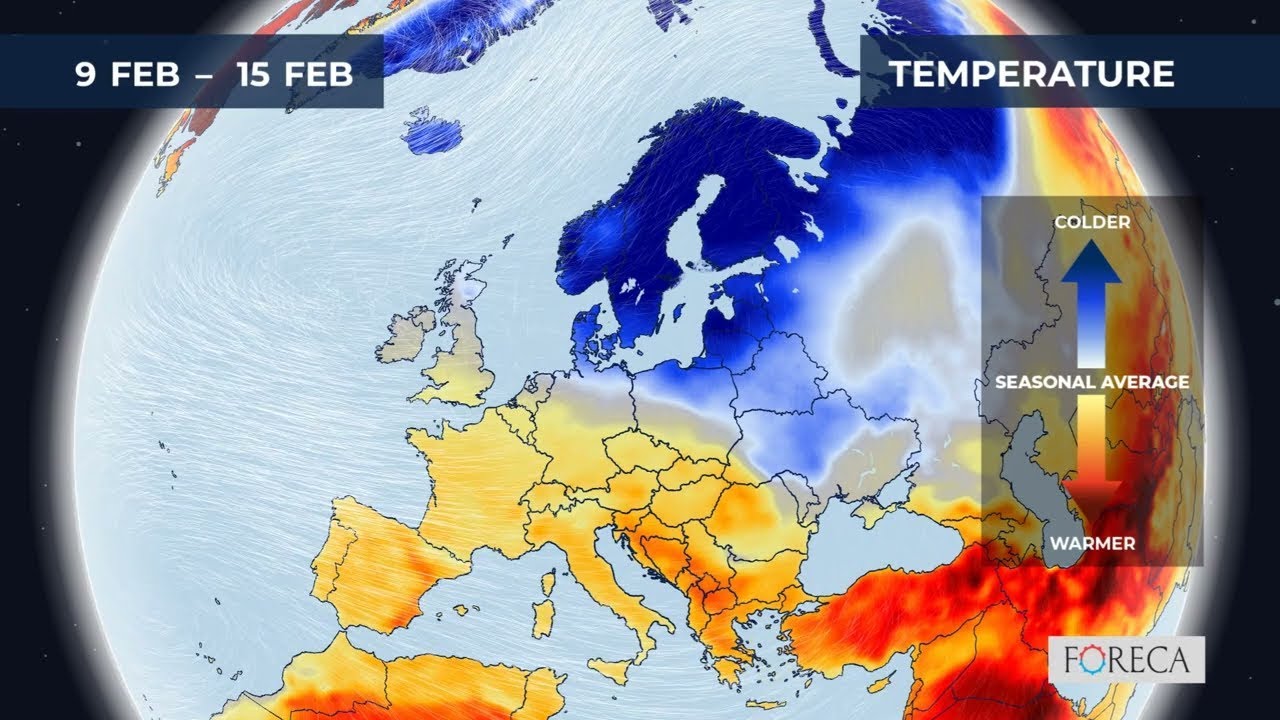 Maandelijkse temperatuurvoorspelling voor Europa 8/2/2026