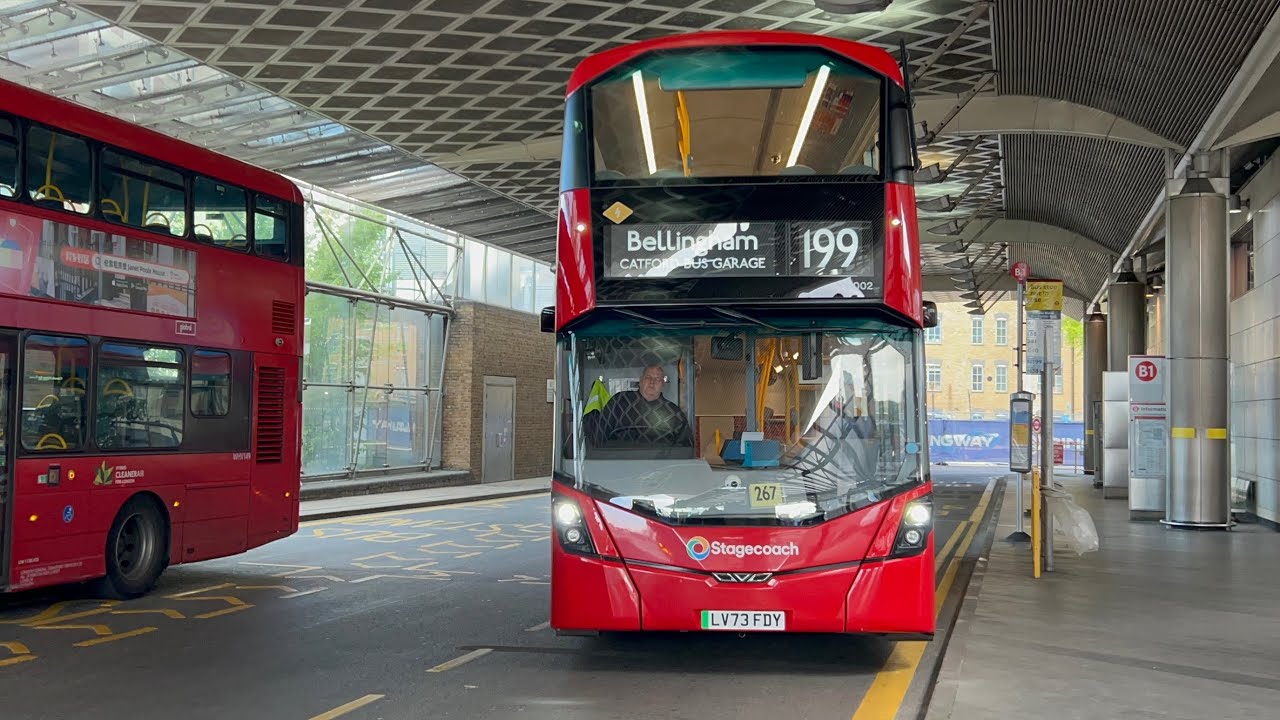 FULL ROUTE VISUAL|Stagecoach London Route 199|Canada Water-Catford Bus Garage|82002&82005(LV23 FEG)