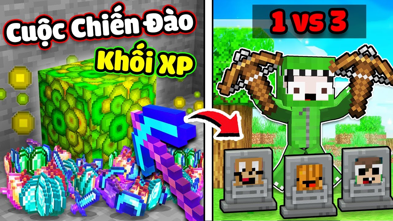 KHANGG BEDWARS THỬ THÁCH 24H CUỘC CHIẾN ĐÀO KHỐI XP = ĐỒ MAX VIP TRONG MINECRAFT ** 1 VS 3 NOOB TEAM