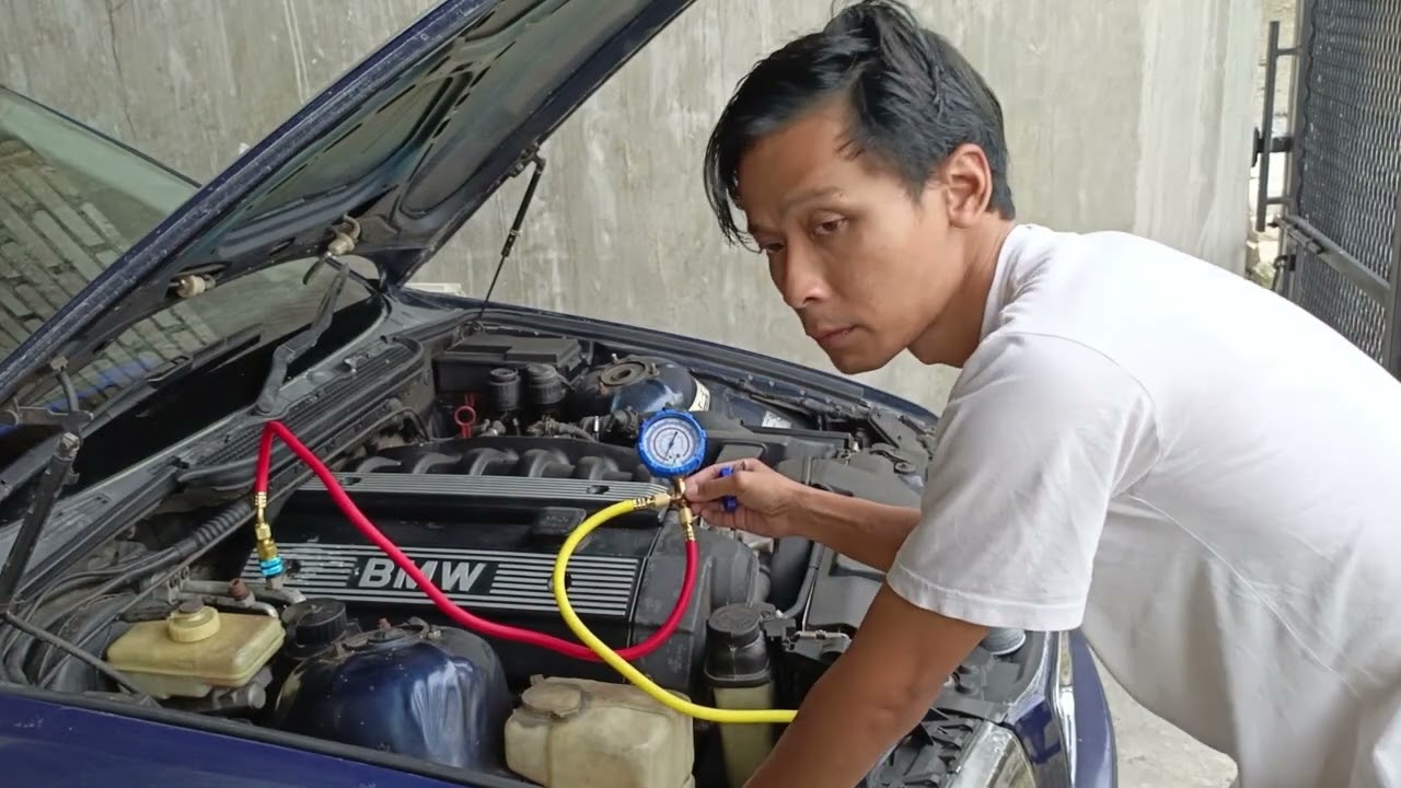 Isi / tambah freon AC BMW e36 + tambah oli kompresor