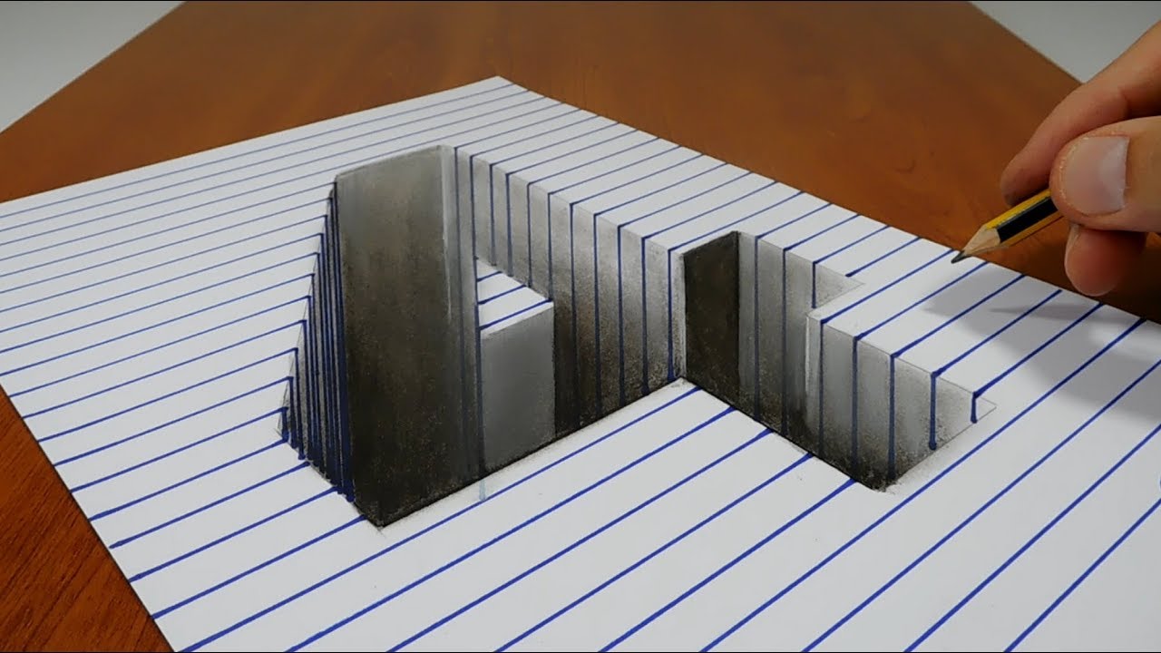 3D Trick Art - Draw a number 4 Hole on Line Paper