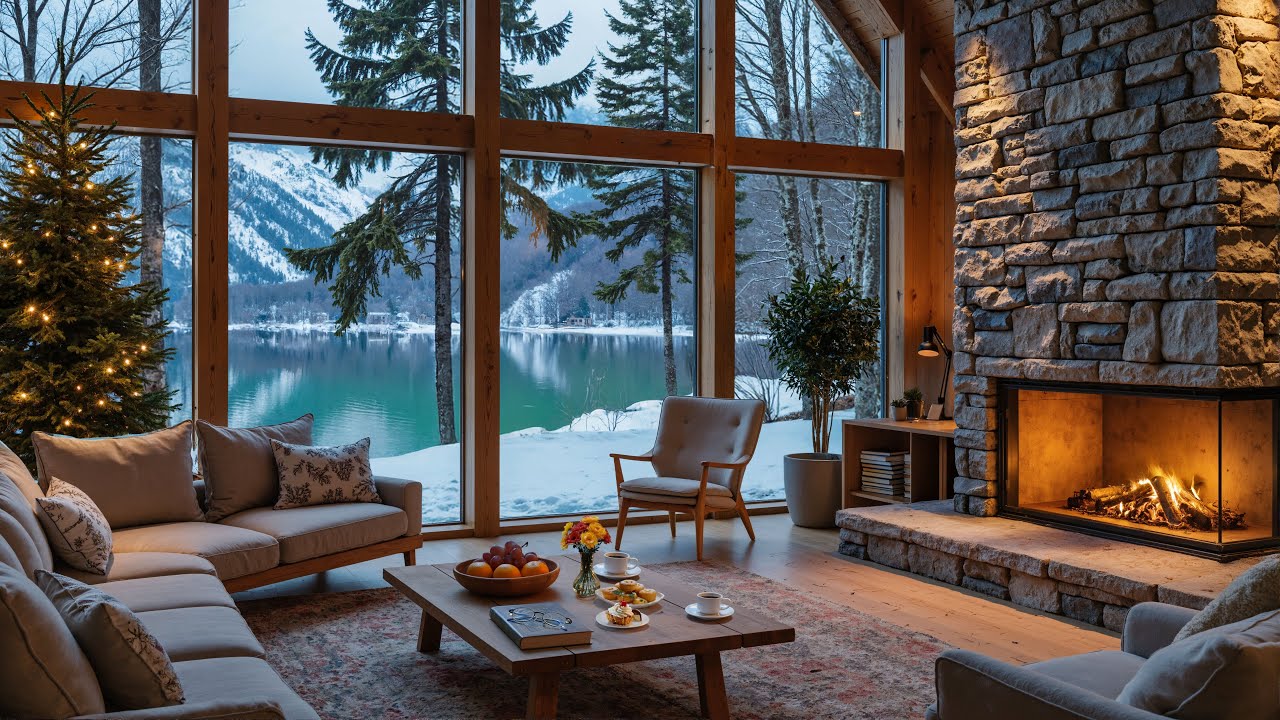 ✨ Cozy Lakeside Winter Cabin | Stone Fireplace Glow & Smooth Jazz for Reading and Calm Focus