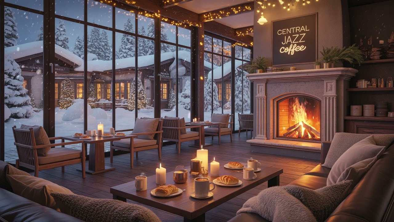 Relaxing Jazz Music with Fire Crackling Sounds❄️ Soothing Winter Jazz at Cozy Coffee Shop