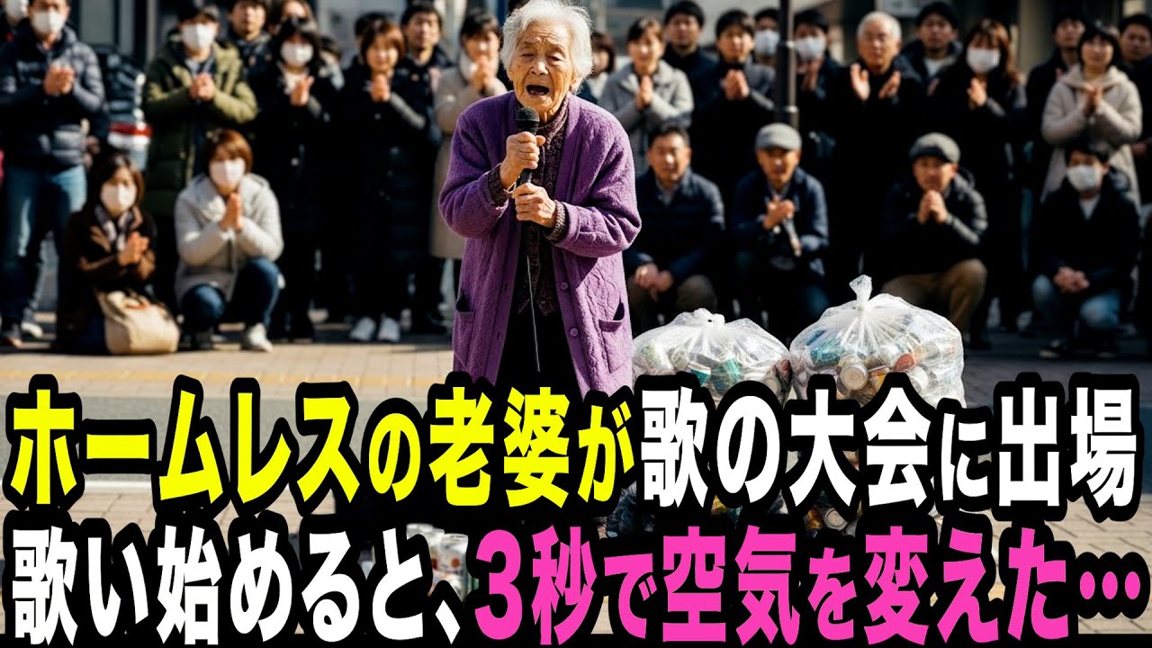 鼻で笑われるが3秒で空気を変えた。空き缶を拾う老婆が「歌の大会」に出場すると皆が馬鹿にした。しかし、3秒後会場は沈黙に…