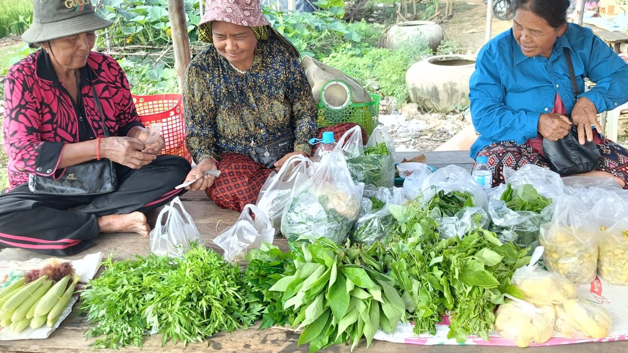 យាយៗប៉េះបន្លែតាមផ្ទះ មកលក់ មួយថង់500៛  មួយដុំ500៛ ផ្សារតាមភូមិបន្លែធម្មជាតិ