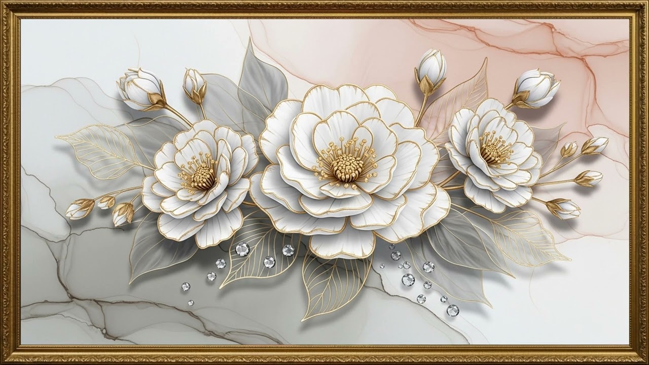 Gold-Enhanced White Blossom Painting 4K | Refined Interior Gallery Visual