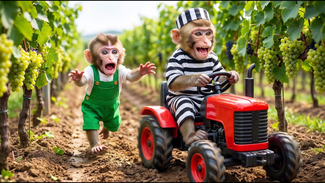 Monkey’s Grape Harvest Goes WRONG 😱 | Thief Monkey Steals the Tractor! 🚜💨