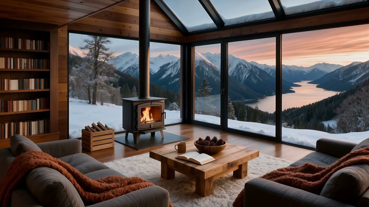 Cozy Mountain Fireplace Ambience ❄️🔥 | Floor-to-Ceiling Winter Views for Relaxation and Rest