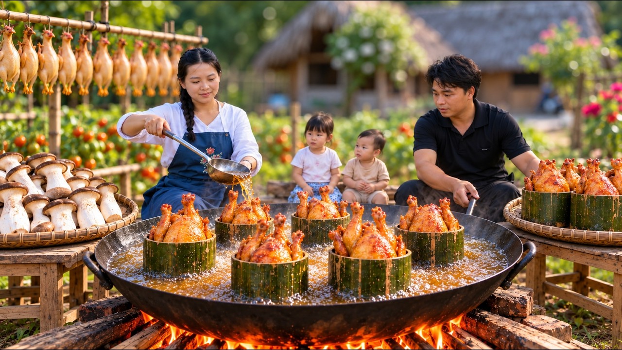 Whole Fried Chicken in a Giant Bamboo Tube &ndash; Traditional Wood-Fired Cooking Method