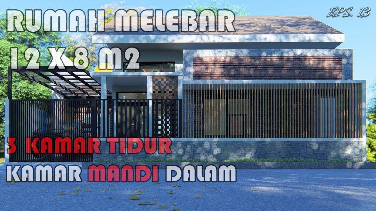 Desain Rumah Melebar Kesamping 12 x 8 m, 3 kamar tidur dan 2 kamar Mandi