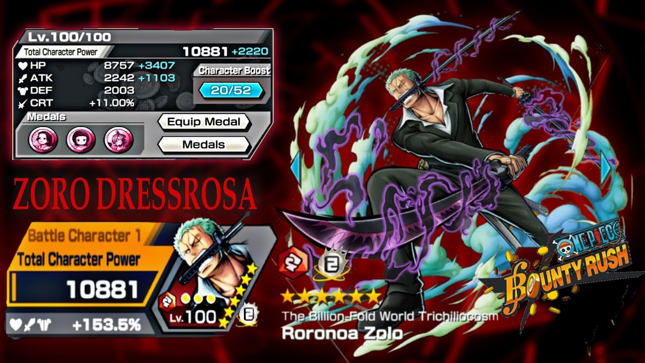 باونتي راش تجربة زورو دريسروزا بأفضل ميدال سفاح / one piece bounty rush zoro dressrosa level 100