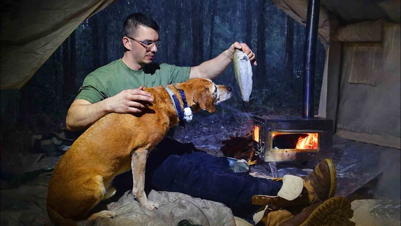 Caught in a Heavy Rainstorm With My Dog | Hot Tent Rain Camping