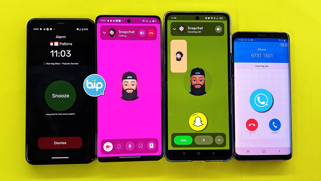 Snapchat, SkyPhone, BIP Incoming Call + Alarm Clock + Timer Pixel 4XL, Samsung S9, OPPO, Realme 12P 