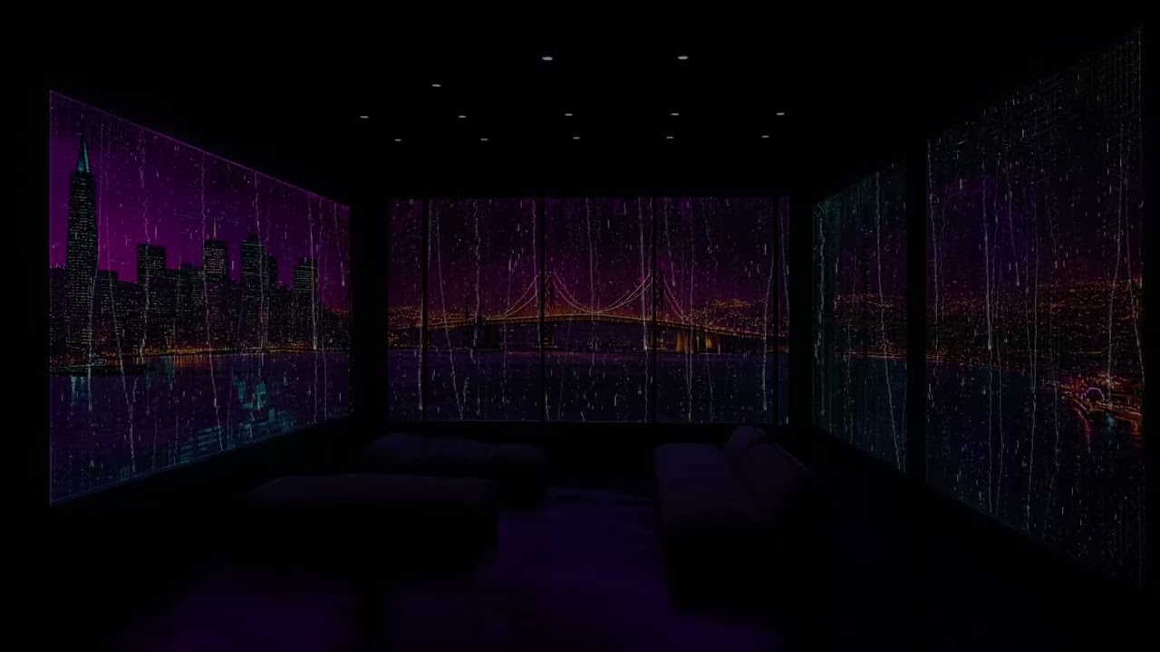Luxury NYC Bedroom After Dark 🏙️💜 Purple Neon Glow & Calm Rain Ambience