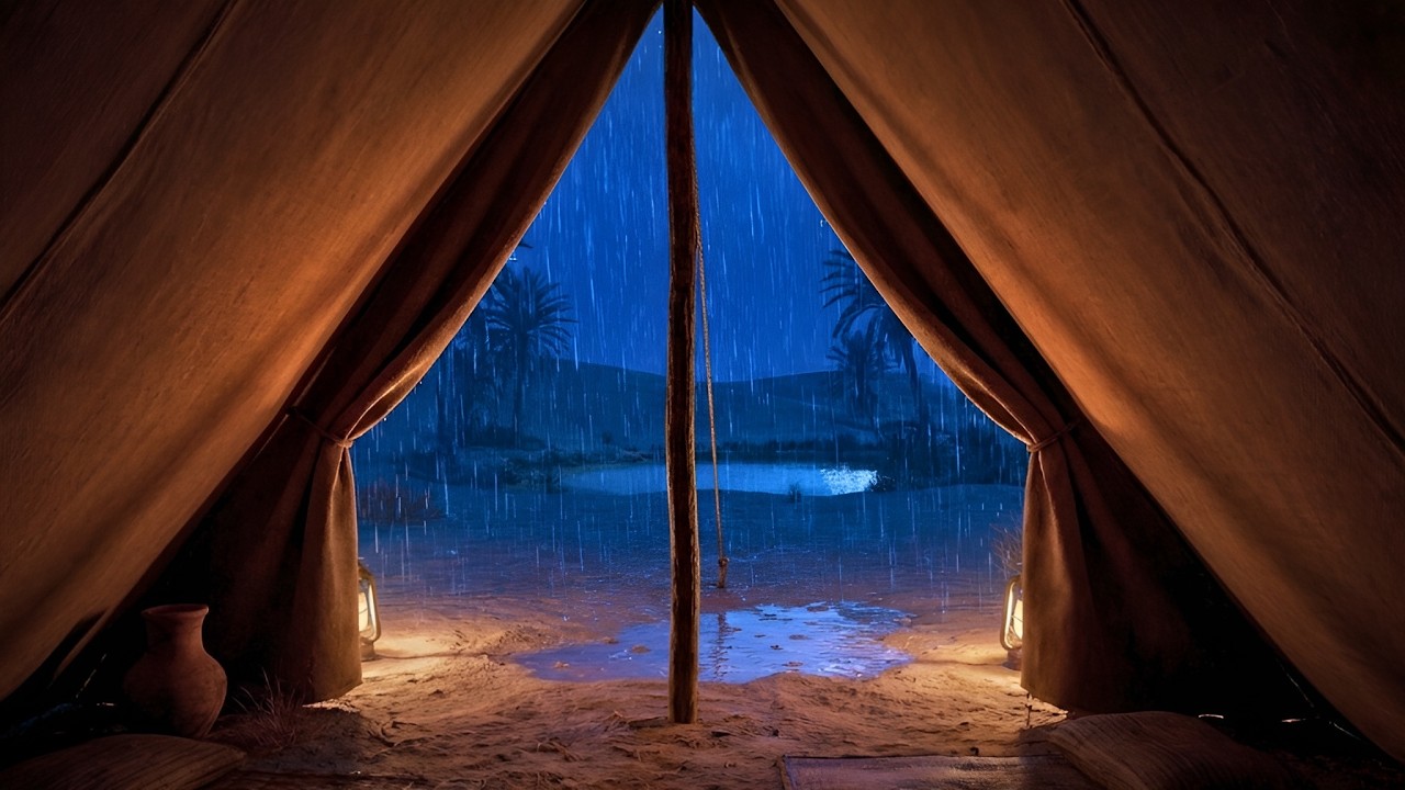 A Warm Calm Feeling During Desert Oasis Night Rain | ASMR