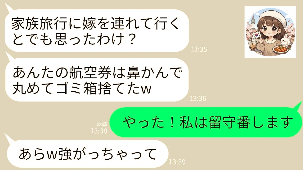 【LINE】家族旅行のフライト直前に私の航空券で鼻をかんでゴミ箱に捨てた姑｢家族以外は連れてかないw｣私「了解w」→大喜びでお見送りして永遠にさよならした結果w
