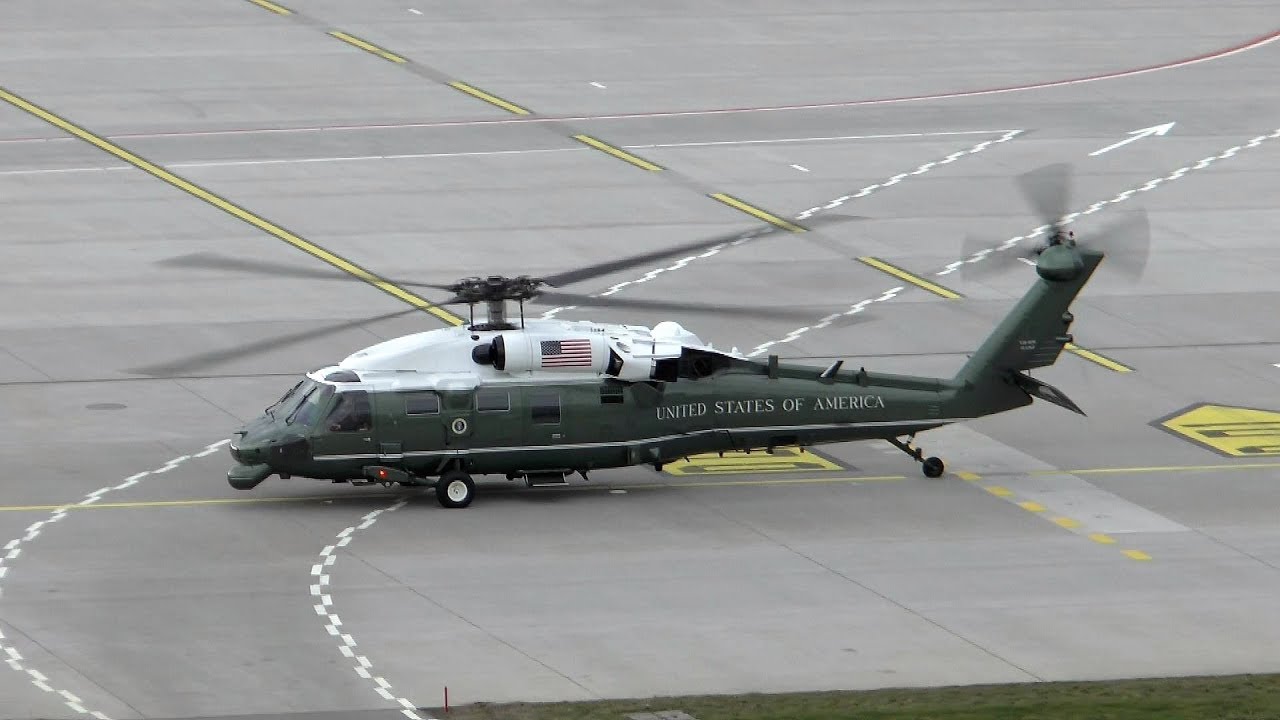 U.S. President Donald Trump helicopter escort at Zurich Airport - Marine One