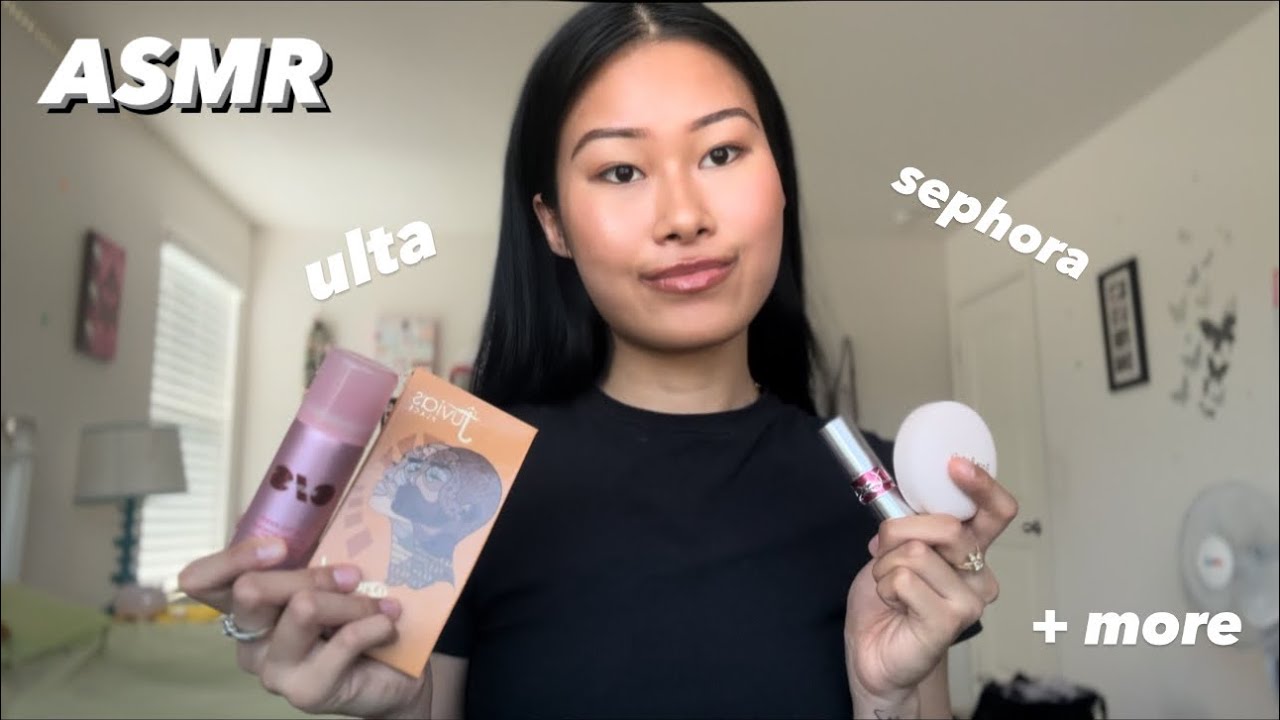 ASMR lofi makeup haul show & tell (tingly whispers, up close tapping, swatching)