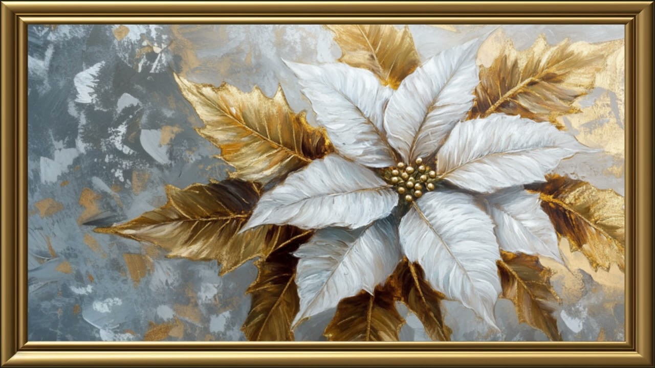 Vintage White Poinssettia Painting | Gold Frame TV Art | Art Screensaver for TV 2 Hrs