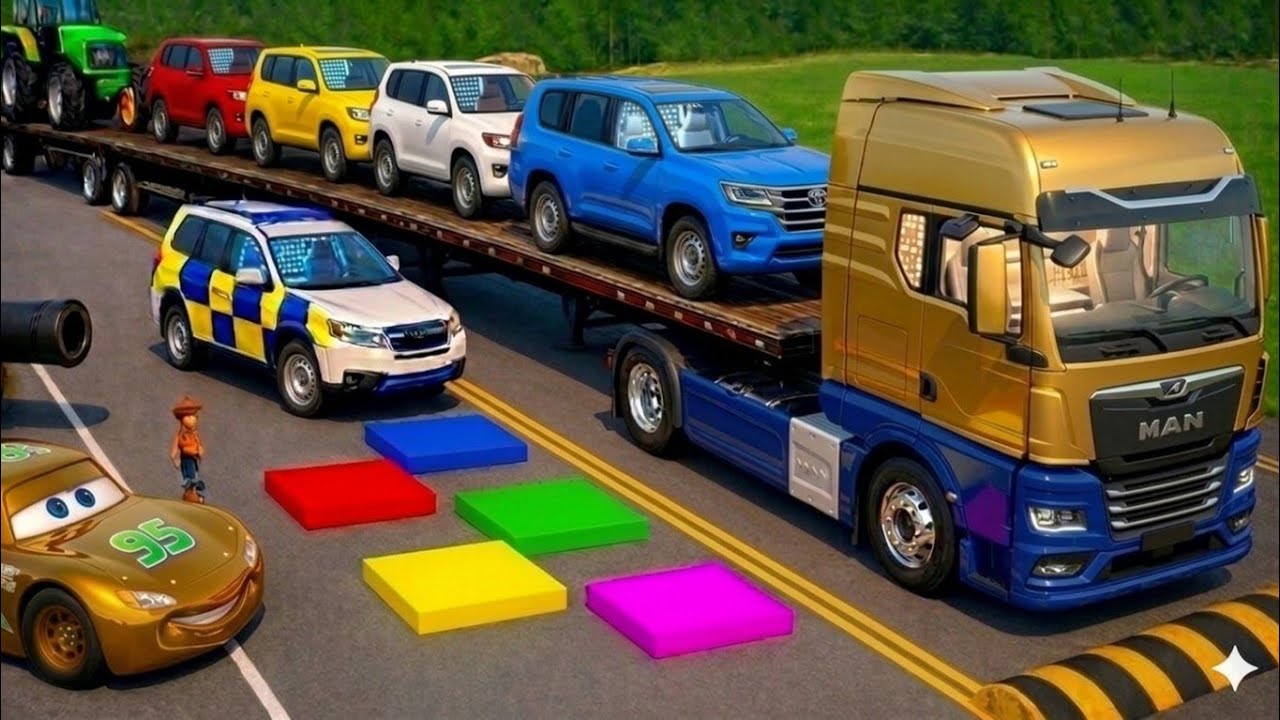 Flatbed Trailer Mcqueen Transportation with Truck | Cars vs Speedbumps vs Train | BeamNG.Drive #13