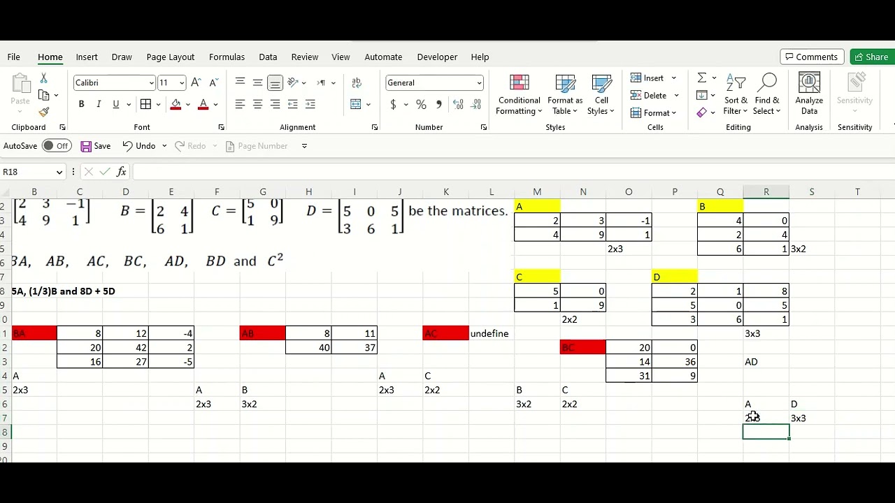 Lab 2 find the multiplication of matrices by using Excel