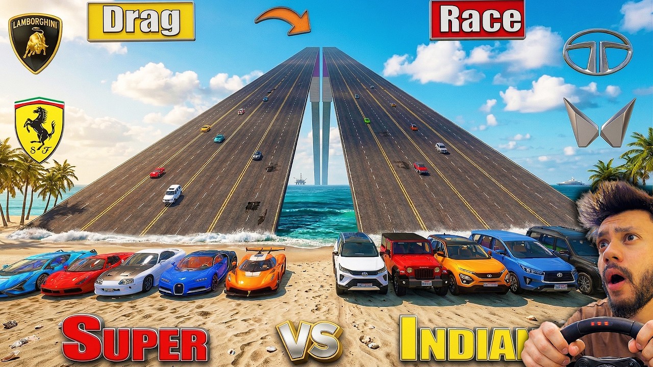 NEW Powerful Indian Cars💪Vs Super Cars🚀mpossible Up-Down 😨 Drag Race Challenge! GTA 5