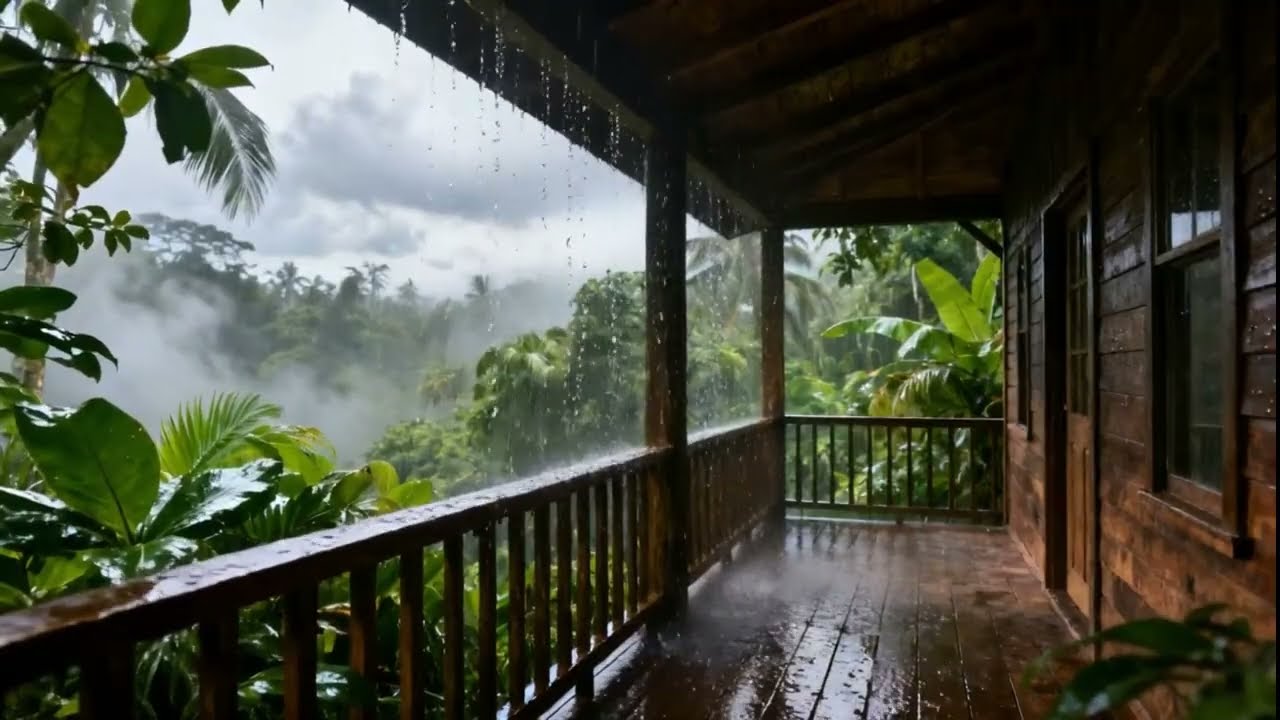 Tropical Rain on Wooden Cabin Porch | Relaxing Jungle Rain Sounds for Sleep, Study & Stress Relief