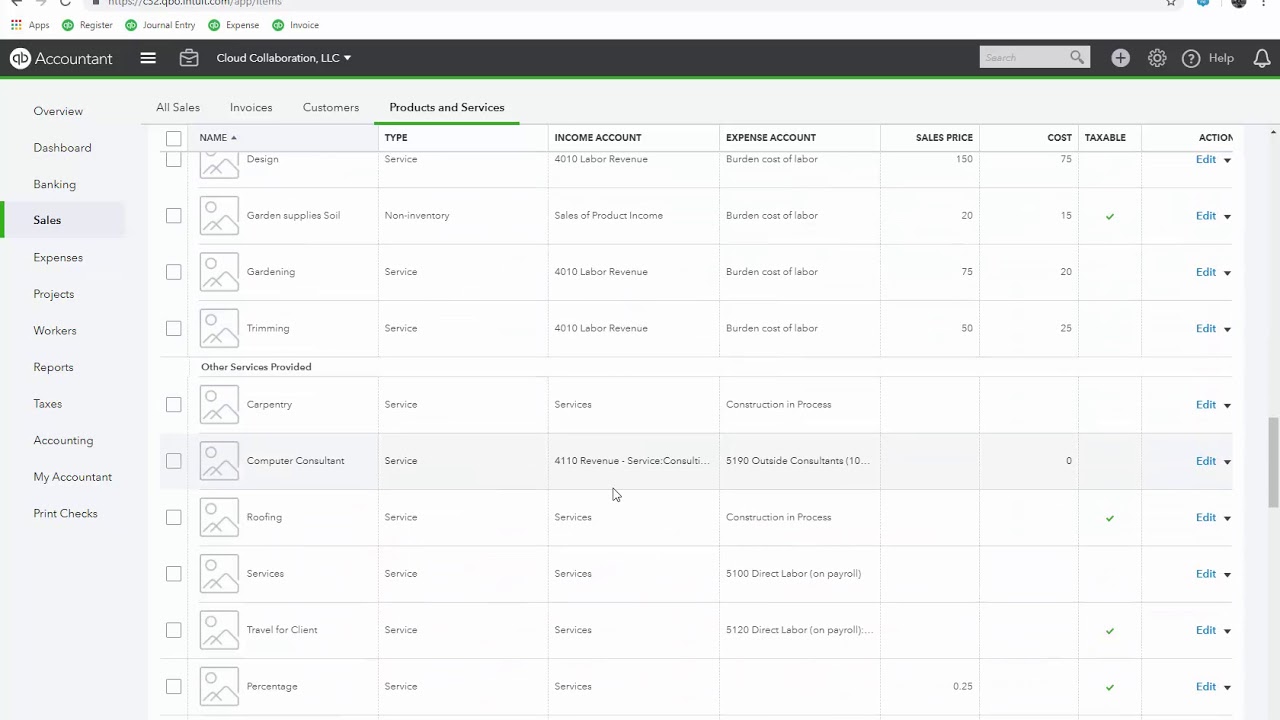 QuickBooks Online--Products and Services
