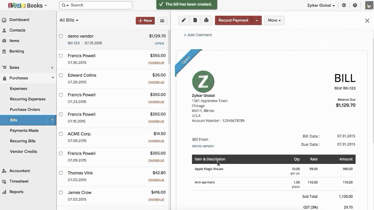 How To Create Bills in Zoho Books