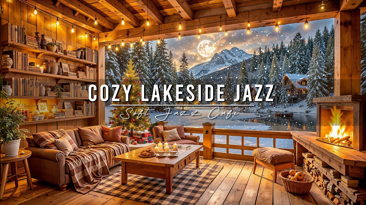 Winter Sunset Jazz at Lakeside Porch ❄️ Cozy Cabin Ambience ~ Smooth Jazz Music for Study, Focus