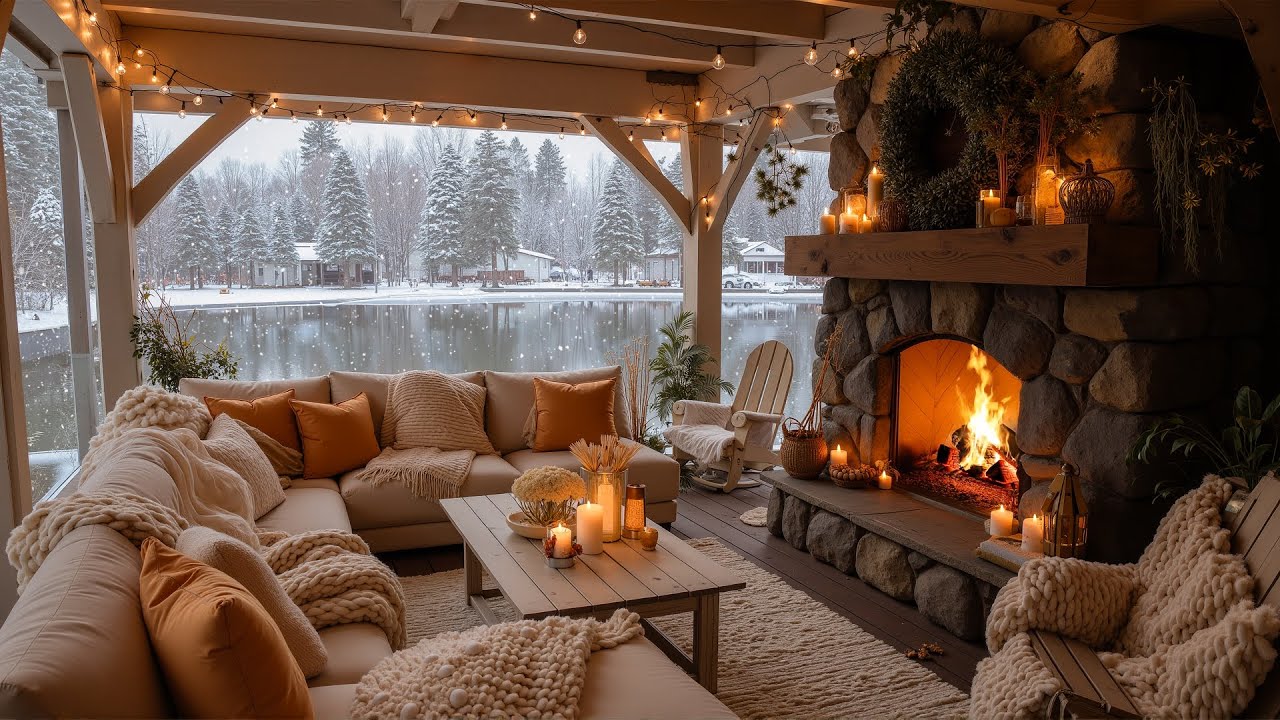 Peaceful Winter Morning Ambience ❄️ Rustic Porch Fireplace by the Frozen Lake for Deep Relaxation