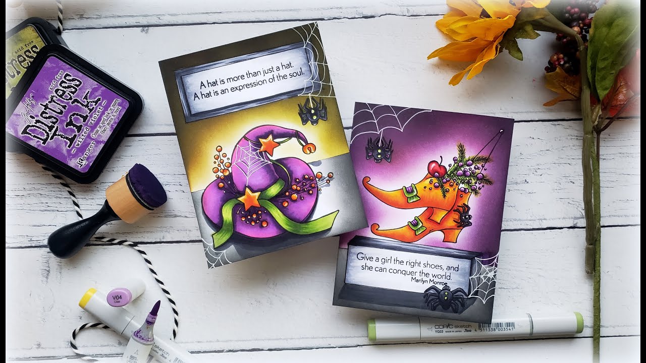 Halloween Scene using 3x4 Stamps, Copic Markers, and Distress Inks, Witch Hat: Golden Oldies