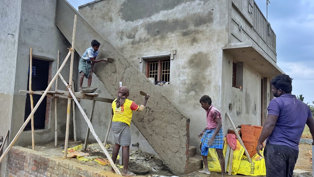 Plastering Techniques _Outdoor Staircase Handwall Accurately Plastering with Cement Mixing