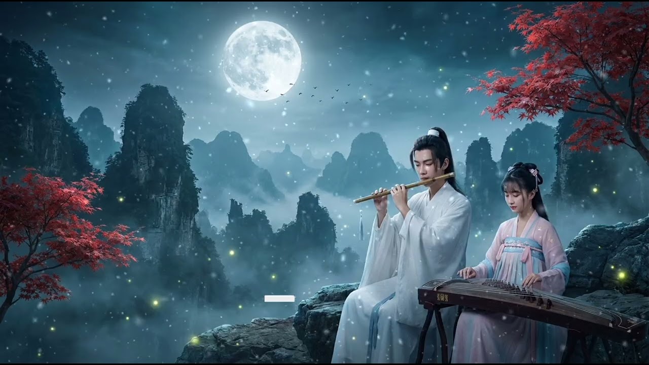 Calm bamboo flute Chinese cute girl and the boy with new