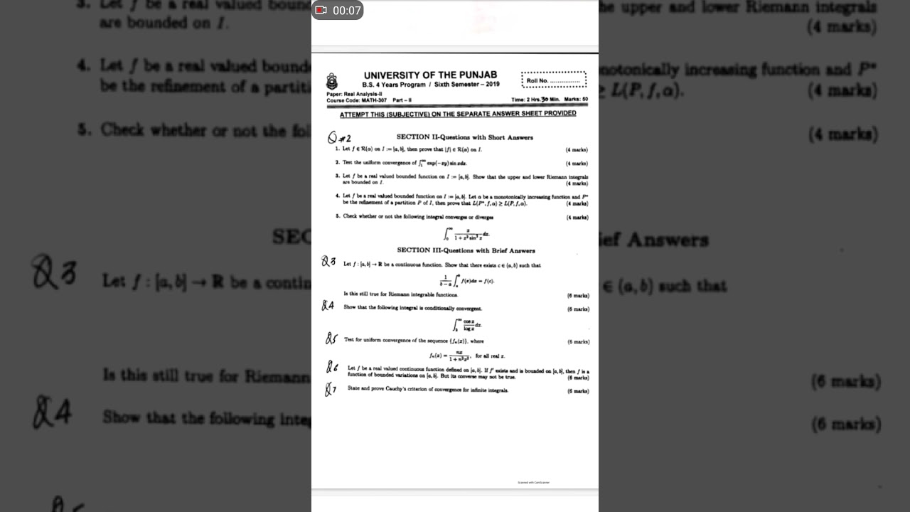 pu affiliated colleges 2019 real analysis 2 (307) past paper | #pastpapers #realanalysis #viralvideo