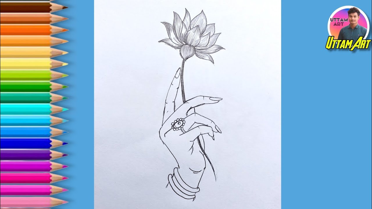 Beautiful Hand Holding Lotus Flower Drawing | Easy Pencil Sketch for Beginners | Uttam Art