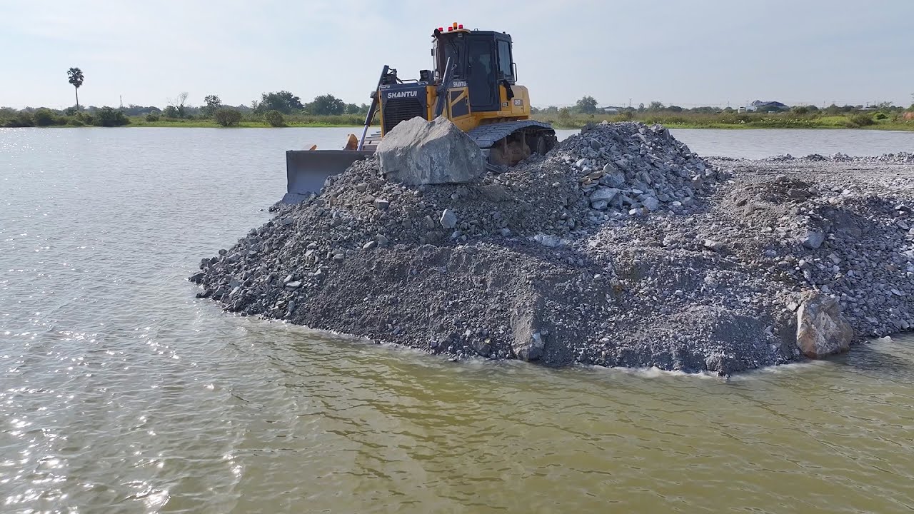 Great Skill !! Bulldozer SHANTUI C3 Push Rock Into Water With Dump Trucks25 TON loading Rock