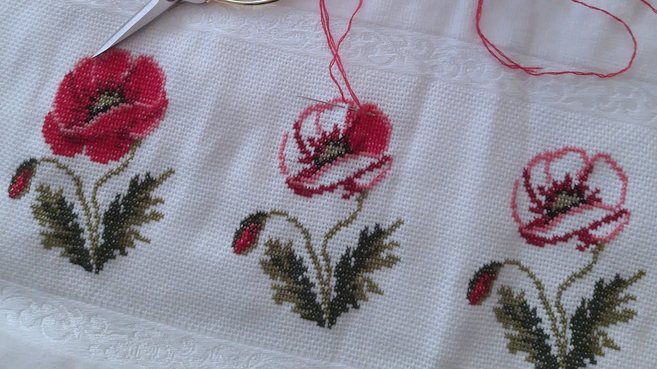 PART 2 | ETAMİN KANAVİÇE HAVLU GELİNCİK MODEL NASIL İŞLENİR | hand embroidery | crossstitchland