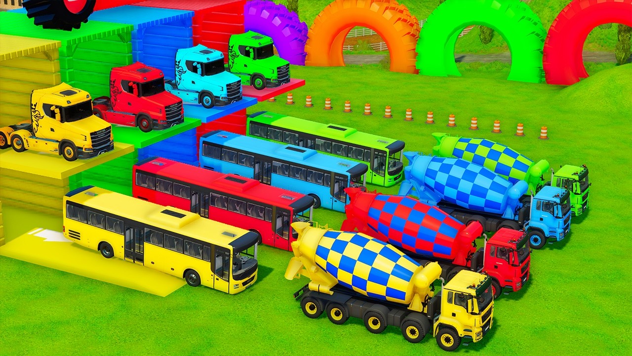 Garage with Colors - ALL MIXER TRUCK WITH DOUBLE FLATBED TRAILER TRUCK, DAF, LIZARD, RENAULT