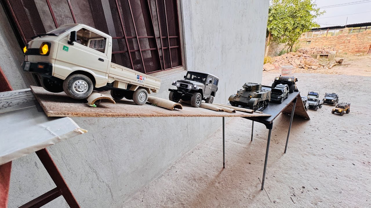 Rc Cars Obstacle’s testing, Land Rover Defender, Mitsubishi Pajero, Metal tank, Toyota land Cruiser