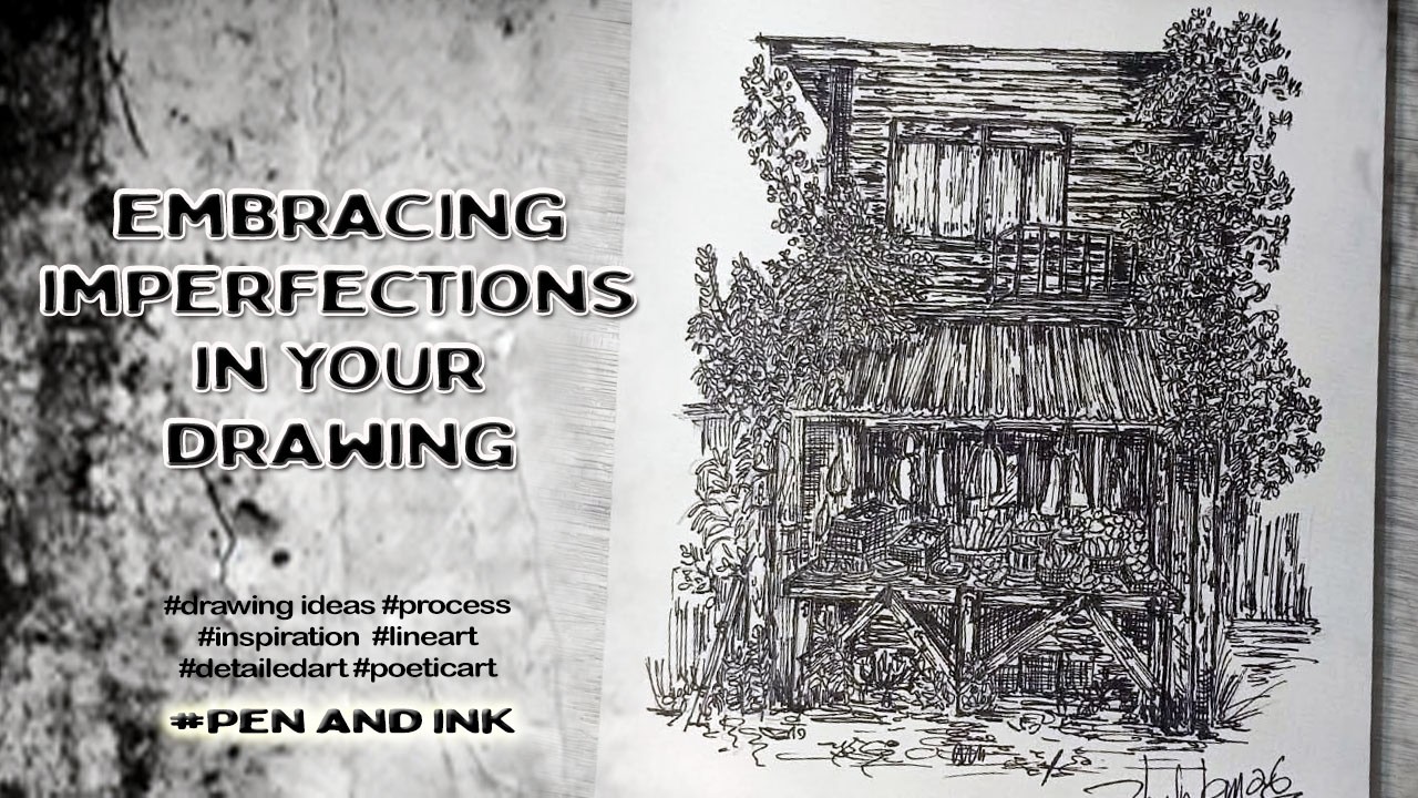 Rustic ink sketch of a countryside home. Pen & Ink. EP 66