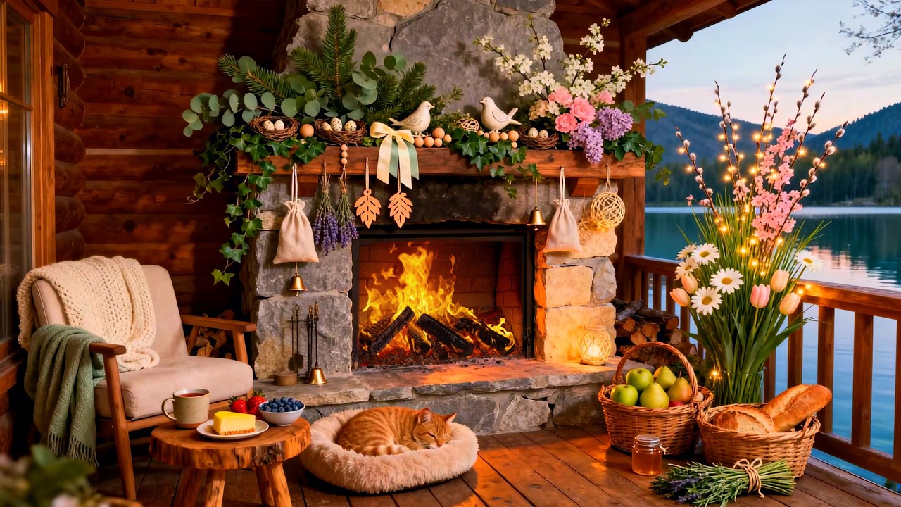 Spring Fireplace Ambience on a Wooden Lake Porch 🔥 Crackling Fire and Calm Mountain View