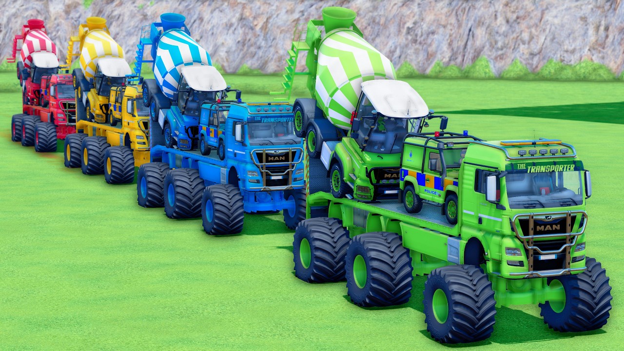 TRANSPORTING DOUBLE FLATBED TRAILER TRUCK! ALL MIXER TRUCK and POLICE CAR, MAN, SCANIA, FORD - FS22